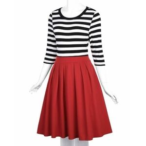Belle Poque Women's Retro Style Dress Red Skirt B/W Bodice Stripes